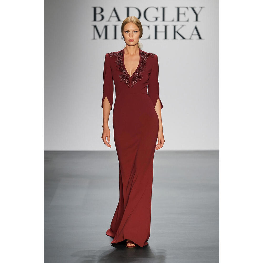 Badgley Mischka sz 4 Burgundy Embellished Gown Split Bell Sleeves $990 Modest